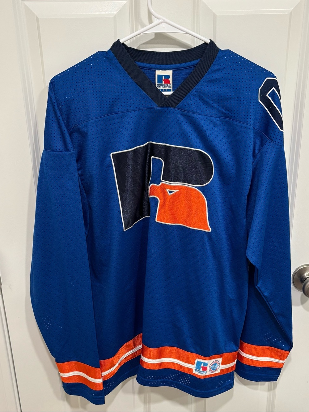 Vintage Russell Athletic Jumbo Logo Blue Orange Hockey Jersey Mens U.S. Large